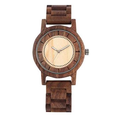 Imagem de Relógio de madeira masculino feminino movimento relógio de pulso com mostrador redondo pulseira de relógio de madeira completa fecho dobrável