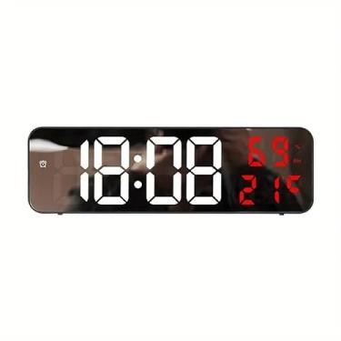 Imagem de Relógio de parede digital grande de 23 cm com visor de temperatura e umidade, 3 alarmes, modo noturno e visor LED 12/24H - bateria excluída (cor: Espelho vermelho temperatura umidade)