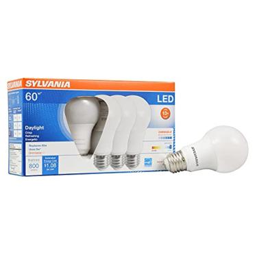 Imagem de Lâmpada SYLVANIA Ultra LED A19, equivalente a 60W, eficiente 9W, 13 anos, 800 lúmens, regulável, transparente, base média, 5000K, luz do dia - pacote com 4 (78040)