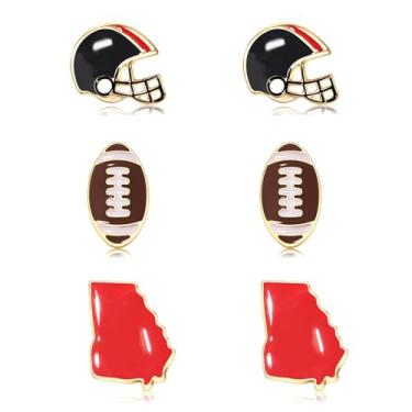Imagem de 3 pares de brincos femininos de futebol americano para dia de jogo, capacete de futebol universitário, brincos esportivos para dia de corrida, roxo, azul, vermelho, acessórios para o dia do campo