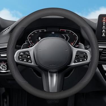 Imagem de SZYUCHEN Capa de volante de carro para Mazda CX5 Mazda 6 CX-5 CX9 CX30 Mazda 3 CX-3 CX90 CX50 Mazda 5 CX-9 RX-8 GS GT Sport Touring Accessories, couro preto 2024-14 1/2"-15"