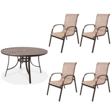 Imagem de Conjunto Alumínio Mesa Redonda Ripada 120cm Porto Rico e 4 Poltronas com Tela Cannes Portinaty Café/bege