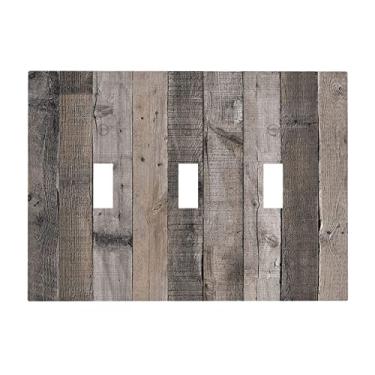 Imagem de Placa de tábua de madeira cinza 3 entradas interruptor de luz de interruptor de parede capa decorativa placa frontal elétrica para porta de celeiro rústica casa sala de estar decorar 17 cm x 4,8 cm