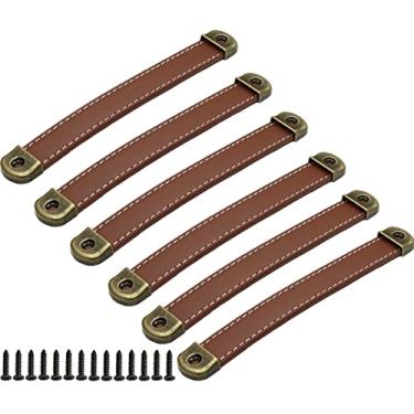 Imagem de Puxadores de gaveta de couro com folha de ferro com capacidade de rolamento aprimorada, Sinyiol 6 peças puxadores de armário caixa de madeira puxa caixa de presente puxador de couro com parafusos de