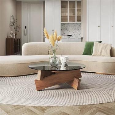 Imagem de Mesa de centro redonda de vidro redonda de madeira grande mesa de centro redonda de vidro mesa de centro redonda moderna para sala de estar com pernas de madeira maciça (nogueira, 80 x 80 x 40 cm)