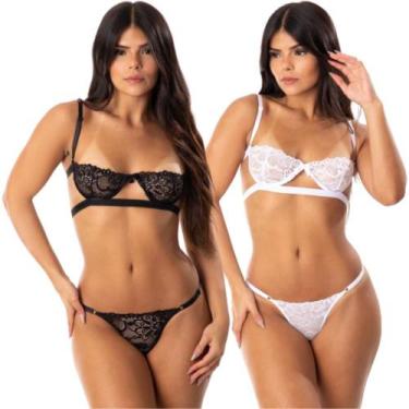 Imagem de Kit 2 Conjunto Lingerie Meia Taça Sutiã Com Aro Calcinha Regulável Gri