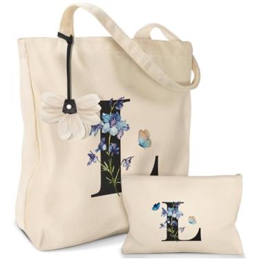 Imagem de Miss Adola Sacola de lona estética pacote com 2 - com bolsa de maquiagem para mulheres, bolsa de compras reutilizável para academia, viagens, trabalho, Letra L, One Size