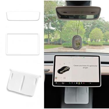Imagem de Mstarke Acessórios Tesla Model 3 Model Y de moldura protetora de tela + almofada de silicone de carregamento sem fio para console central + capa de espelho retrovisor interno 3 peças 3 em 1 (branco)