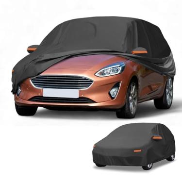 Imagem de Partuto Capa de carro à prova d'água para todos os climas, proteção solar e chuva, cobertura externa completa para Ford Fiesta Hatchback filme de alumínio preto com tiras refletoras