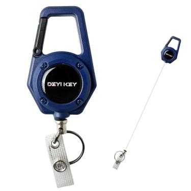 Imagem de Yojaro Porta-crachá de mosquetão multiferramenta resistente, carretel tático para crachá de identificação com cabo retrátil de aço de 75 cm, azul