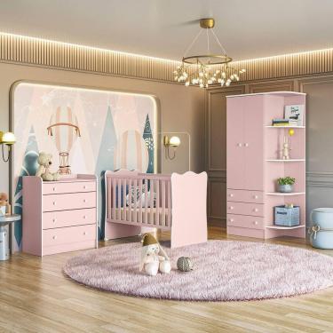 Imagem de Jogo De Quarto Completo Infantil Bebê Guarda Roupa 2 Portas Cômoda 4 Gavetas Berço Simples C/ Colchão C/ Rodízios Doce Sonho 825 / 1 / 2523