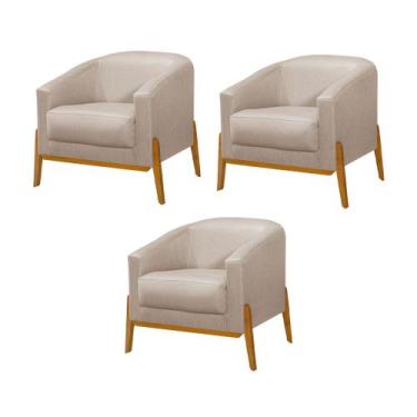 Imagem de Kit 3 Poltronas Living Base em Madeira Maciça Flórida Linho Bege - VIL