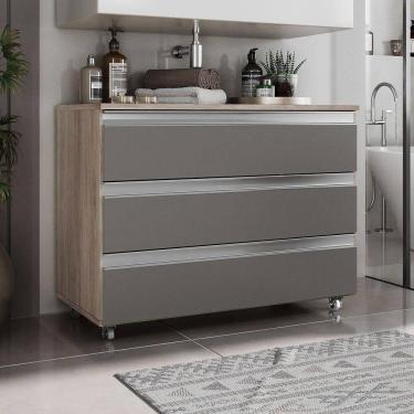 Imagem de Gabinete Banheiro Rodinhas Joia 80cm 03 Gavetas Madeirado Cinza