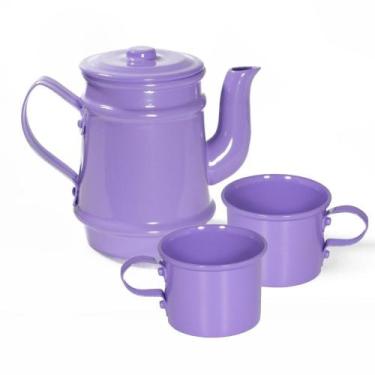 Imagem de Kit Bule 400ml + 2 Xícaras 100ml Pintados Em Alumínio Lilás - Alumínio