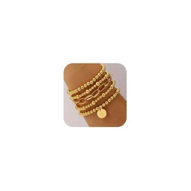 Imagem de Lydow Pulseiras femininas com contas folheadas a ouro 18 K, inicial A-Z, contas elásticas, pulseira empilhável com letras e conjunto de joias para presente, Gold-D, Papel, Sem Pedra Preciosa