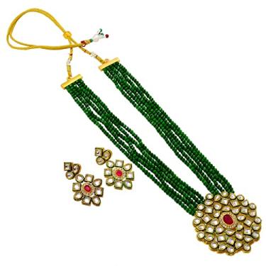 Imagem de Colar JewarHaat em camadas de contas de cristal ônix banhado a ouro pérola polki ad Cz tom dourado Meena trabalho com brincos combinando conjunto de joias longas para mulheres e meninas, Large, Banhado a ouro, Zircônia cúbica