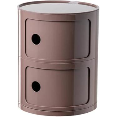 Imagem de Mesa de cabeceira redonda de plástico de 2/3/4 níveis de armazenamento com gavetas e porta deslizante, armário de cabeceira moderno nórdico para quarto, café, 30 x 40 cm