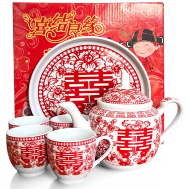 Imagem de Conjunto de chá chinês, conjunto de chá de porcelana vermelha para casamento com 1 bule de chá, 4 xícaras de chá e 1 bandeja, conjunto de serviço de chá de felicidade dupla, conjunto de bule de chá