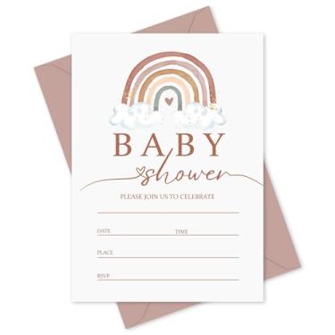 Imagem de Whaline 25 conjuntos de convites de festa de chá de bebê com envelopes adesivos Boho Rainbow Convites de papel Convites de preenchimento para aniversário revelação de gênero, 5 x 7 polegadas