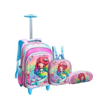 Imagem de Mochila Sereia 3D Escolar Infantil Rodinha Lancheira Estojo Azul