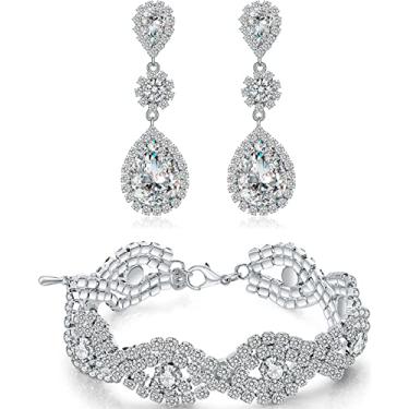 Imagem de Paxuan Pulseira feminina banhada a prata com cristal de strass branco transparente para noivas e noivas, joias e tênis