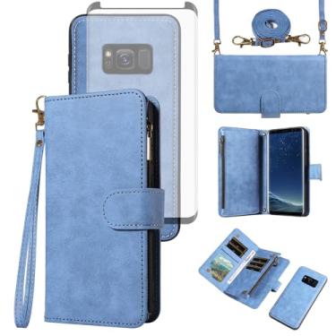 Imagem de Asuwish Capa de telefone para Samsung Galaxy S8 carteira com zíper destacável capa celular com protetor de tela de vidro temperado alça transversal alça flip suporte para cartão S 8 8S Edge SM-G950U