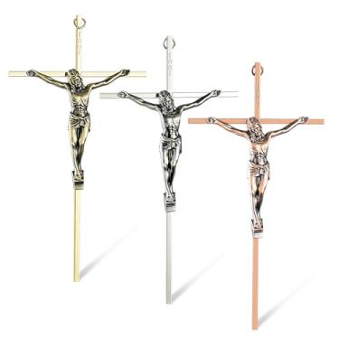 Imagem de ACHIBANG Crucifixo de metal, crucifixo de parede, conjunto de 3, cruzes de Jesus de 25 cm para decoração de parede, presentes de fé católica - ouro brilhante, prata brilhante, cobre brilhante