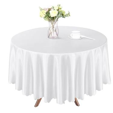 Imagem de Homiest 1 pacote com 1,8 m toalha de mesa redonda de 1,8 m, toalha de mesa branca sobreposta, decorações de mesa brilhantes, toalhas de mesa de jantar de cetim sedoso para recepção de casamento,