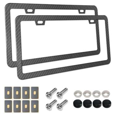 Imagem de Moldura de placa de licença Aootf, pacote com 2 2020, novos suportes de placa de licença de metal alumínio preto impressão padrão de fibra de carbono, kits de parafusos de moldura para placa de licença, molduras de placa de tamanho fino para mulheres e homens