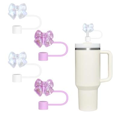 Imagem de Conjunto de 4 peças de topo de palha roxo e branco, tampa de palha em forma de arco de 10 mm compatível com copos Stanley 30 e copo de 1,134 g com alça, tampas de canudo de silicone reutilizáveis,