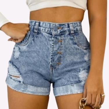 Imagem de Short Jeans Feminino Sem Lycra Fecho de Botão Cós Alto Barra Dobrada M