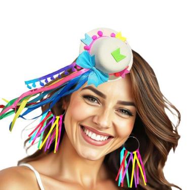 Imagem de Kit Festa Junina: Acessório Cabelo Mini Chapéu + Brincos de Fita Color