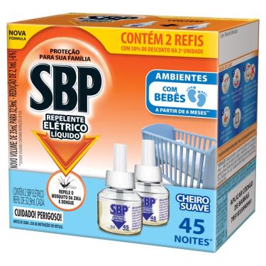 Imagem de REPELENTE LÍQUIDO ELÉTRICO CHEIRO SUAVE SBP CAIXA 2 UNIDADES 32,9ML CADA GRÁTIS 50% DE DESCONTO NA 2ª UNIDADE REFIL