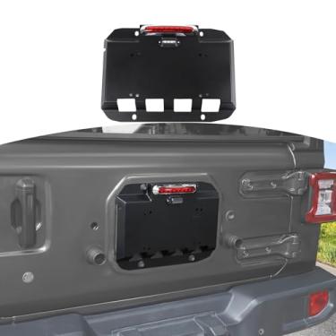 Imagem de JOSHELA Suporte de placa de licença com luz para Jeep Wrangler JK JKU 2007-2017 Wrangler JL JLU 2018 up acessórios de exclusão de pneu sobressalente preto