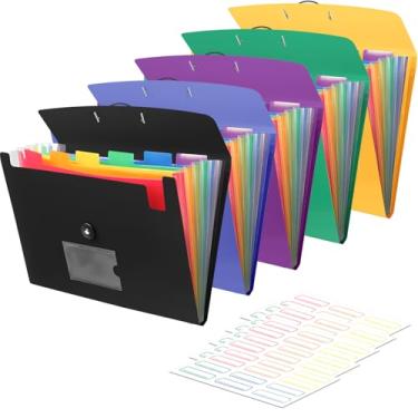 Imagem de Pacote com 5 organizadores de arquivos sanfonados com 7 bolsos, pasta de arquivo expansível com etiquetas, pasta de arquivo expansível de plástico para documentos tamanho carta A4, ideal para casa