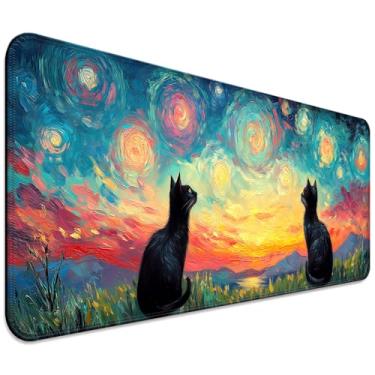 Imagem de Tapete de mesa para jogos de noite estrelada de gato preto fofo, teclado de computador grande estendido animal mouse pad para escritório e casa, GG (W03)