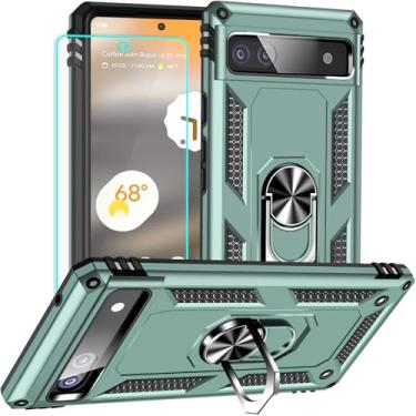 Imagem de Yiakeng Capa para Google Pixel 6A: com protetor de tela - Capas protetoras de nível militar com suporte de anel de dedo para capa Pixel 6A (verde escuro)