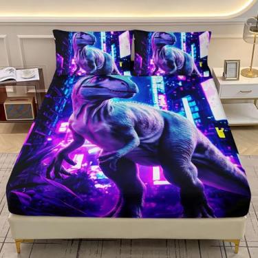 Imagem de AILONEN Jogo de cama solteiro de dinossauro, estampa 3D, dinossauro, neon, roxo, com 2 fronhas, jogo de lençol macio com 3 peças