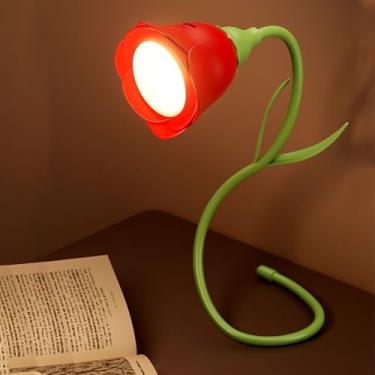 Imagem de LIYAOLI Linda luminária de mesa de flores sem fio para meninas, pescoço de ganso flexível, lâmpada LED recarregável com porta de carregamento USB, 3 modos de cores e regulação contínua, decoração de