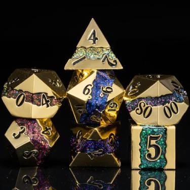 Imagem de Dungeons and Dragons DND Dice Set D&D D20 Single Fringe Metal Dice Set with Box, Polyhedral Role Playing Dice D12 D10 D% D8 D6 D4 for MTG RPG Board Games (Imitation Gold Seven Colors)