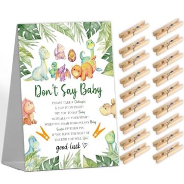 Imagem de Don't Say Baby Game, placa de jogo de chá de bebê (1 placa + 50 mini prendedores de roupa), jogo de chá de bebê de dinossauro da selva para decoração de festa de revelação de gênero, suprimentos de