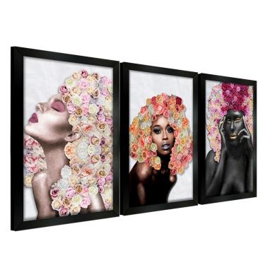 Imagem de Quadros Decorativos 20X30 Mulheres Rosto Flores Rosas Kit 3 Título Moldura Preta