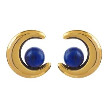 Imagem de TaYolnFaSo Brincos de sol femininos - Brincos de gota de disco solar com pedra preciosa natural com alavanca nas costas para namorada ou irmã, Ouro amarelo, Lápis-lazúli