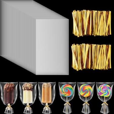 Imagem de Shappy 200 peças de sacos de guloseimas de celofane 100 peças de sacos de picolé de gelo de 12 x 18 cm, saco de plástico para bolo com 100 peças de laços torcidos para embrulhar, embalar doces