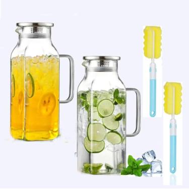 Imagem de Jarra quadrada de vidro de 2 litros (2 litros), jarro de água com tampa e alça, jarra de vidro borossilicato para água quente/fria, café gelado, suco, chá, leite e bebidas caseiras (incluindo escovas)