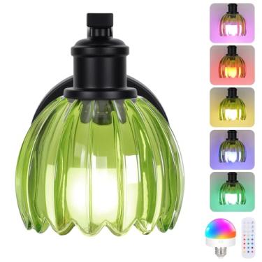 Imagem de Arandelas de parede operadas por bateria com abajur de vidro verde, arandelas de parede pretas recarregáveis sem fio com controle remoto, lâmpada de parede para cabeceira interior quarto porta