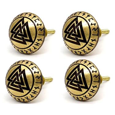 Imagem de Pacote com 4 maçanetas feitas à mão Odin latão decoração viking puxadores de armário ferragens para maçanetas de armário de cozinha | Porta de armário de quarto, puxadores de gaveta desgastados ideais