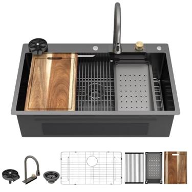 Imagem de Fulorni Estação de trabalho para pia de cozinha em cascata de 91,4 x 55,88 cm - Preto metálico NANO-PVD, aço inoxidável 304 calibre 16, pia de cascata inteligente com combinação de torneira e enxágue