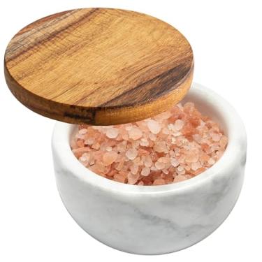 Imagem de jalz jalz adega de sal caixa de sal grande tamanho grande suporte de sal branco base de mármore capa de madeira caixa de sal adega de sal com colher caixas decorativas recipiente de sal de grande