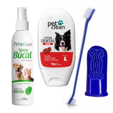 Imagem de kIT Creme Dental Carne e Spray Menta Pet Clean Acompanha Dedeira Flexível e Escova Dupla cores sortidas para Cachorros e Gatos